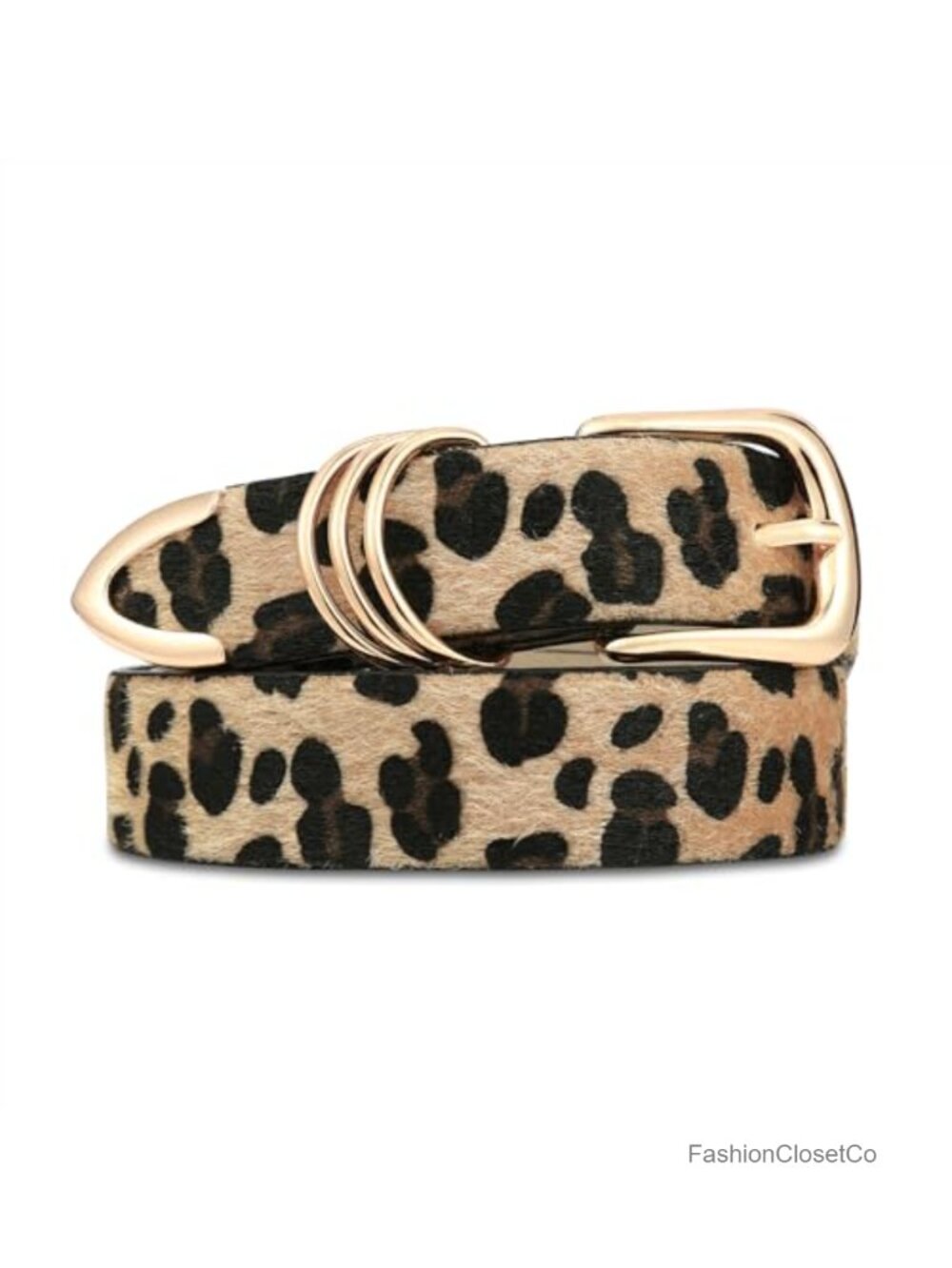 Leopard Print Leather Belt with Gold Buckle Women's Waist Belt